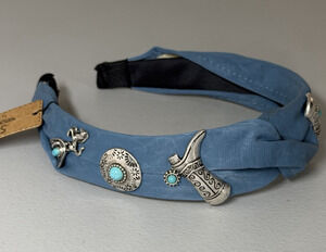 Story Bow Knot Headband Western Charms Concho Horse Boot Hat Silver Tone & Blue